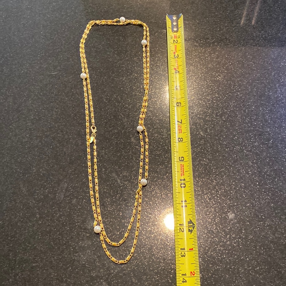 1990s Vintage Erwin Pearl Long Necklace, Gold Plated Metal,